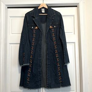 Stylish Blue Denim Jacket with Brown Embroidery